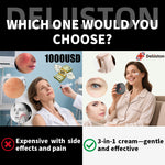 Advertisement comparing expensive cosmetic procedures with a 3-in-1 cream, featuring a woman and Deliston branding.