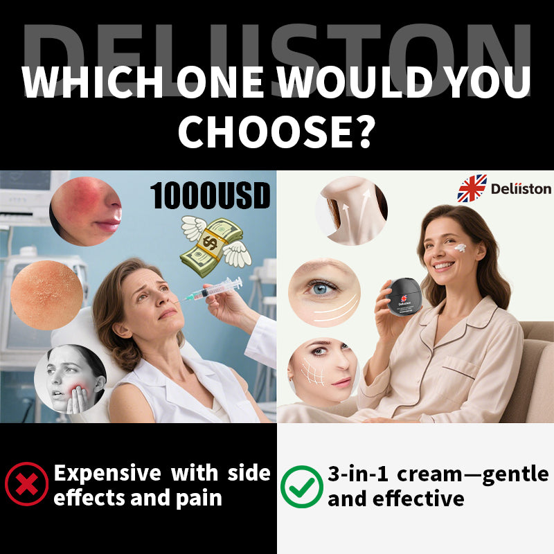 Advertisement comparing expensive cosmetic procedures with a 3-in-1 cream, featuring a woman and Deliston branding.